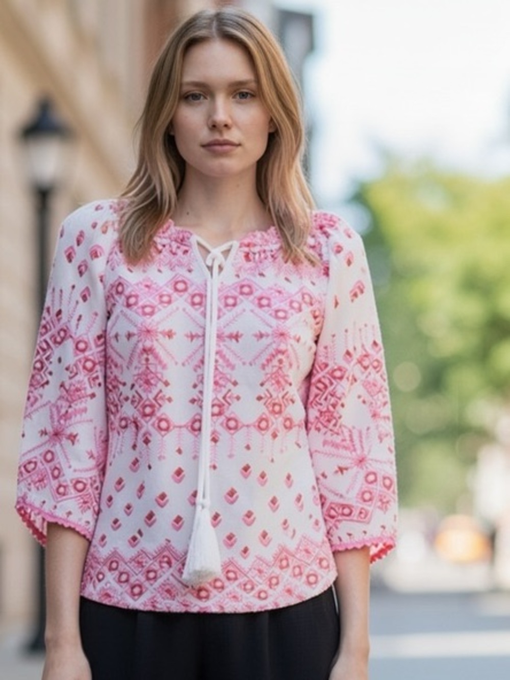 Hale Bob XS White Pink Embroidered Boho Top Blouse NWT Oversized